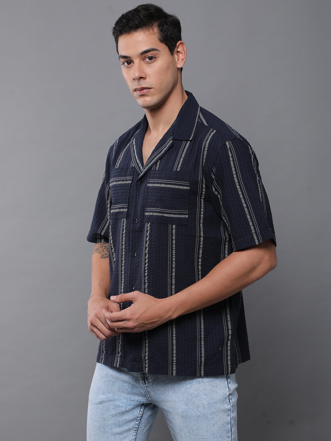 Men Striped Half Sleeve Casual Shirt With Pocket