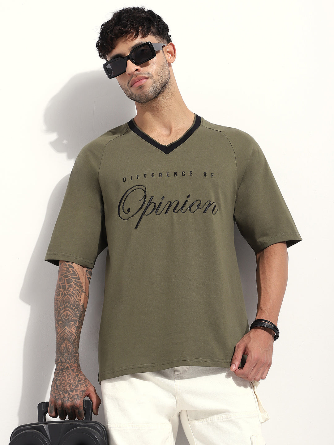 Mens Half Sleeve V-Neck Embroidered Oversized Fit Tshirts