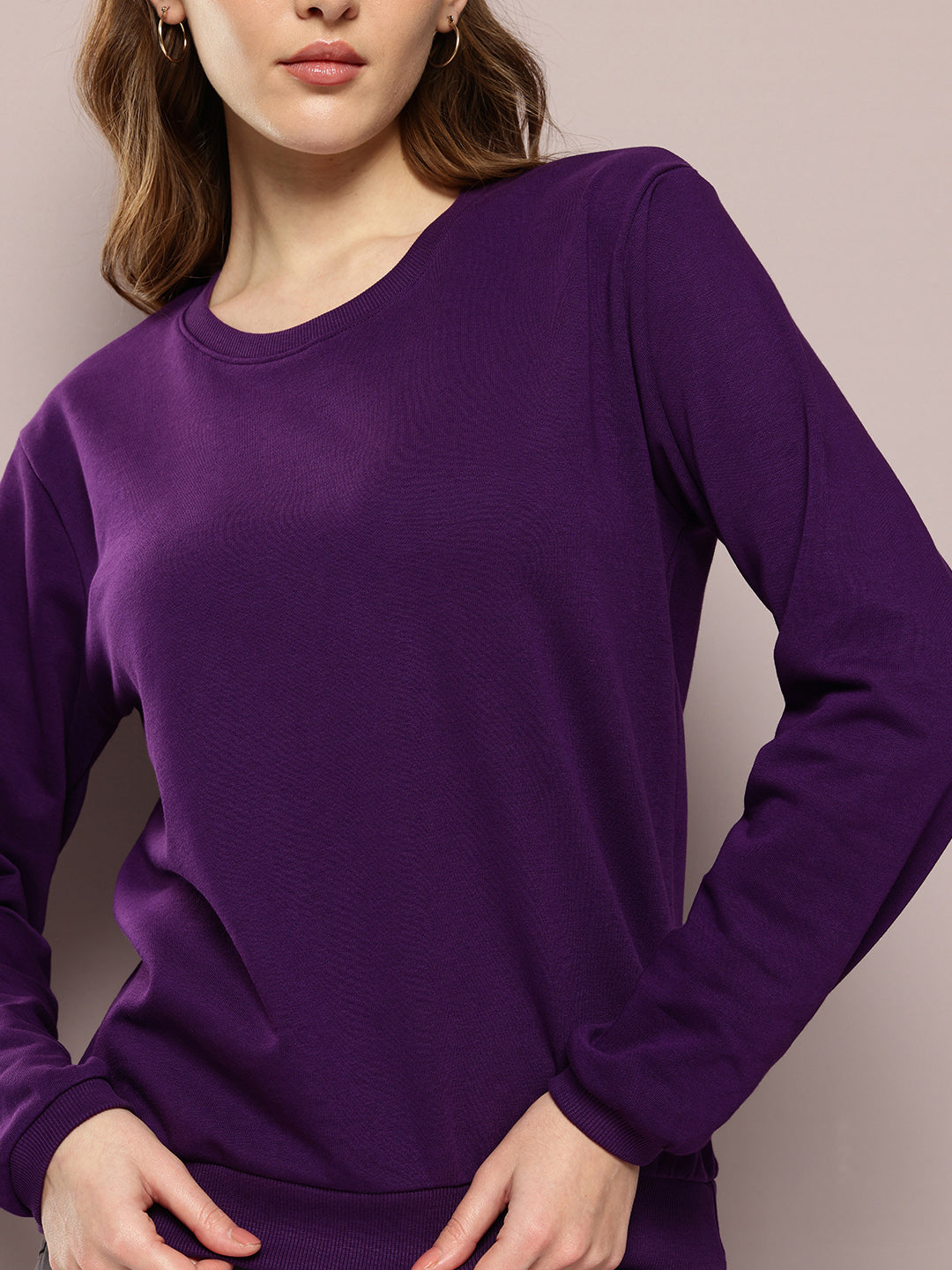 Womens Full Sleeve Round Neck Solid Relaxed Fit Tshirts