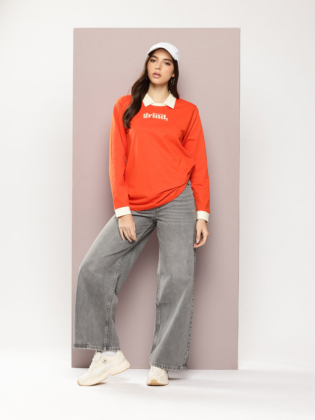 Womens Full Sleeve Polo Neck Printed Oversized Fit Tshirts