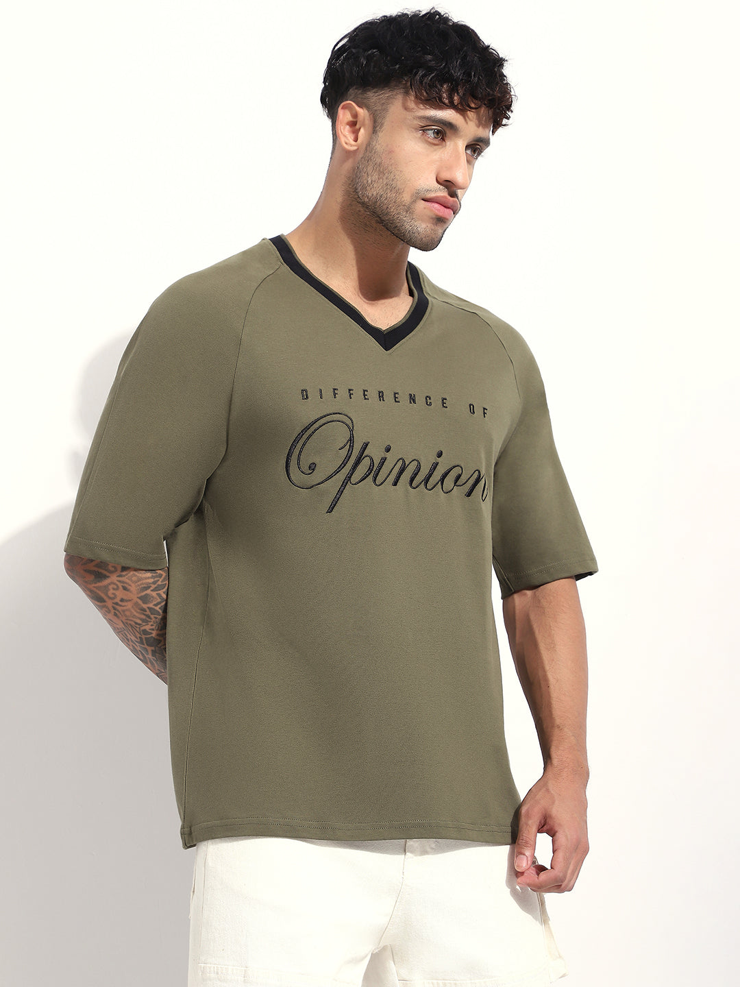 Mens Half Sleeve V-Neck Embroidered Oversized Fit Tshirts