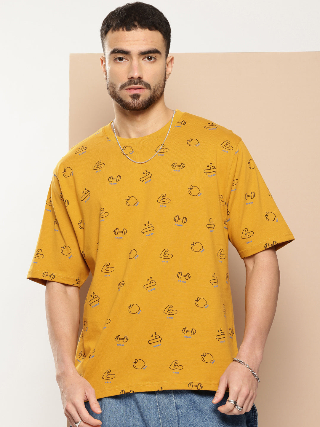 Mens Half Sleeve Round Neck All-Over Printed Oversized Fit Tshirts