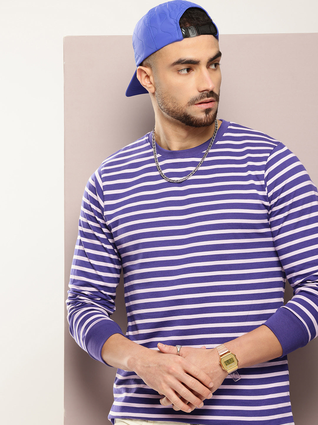 Mens Full Sleeve Round Neck Striped Regular Fit Tshirts