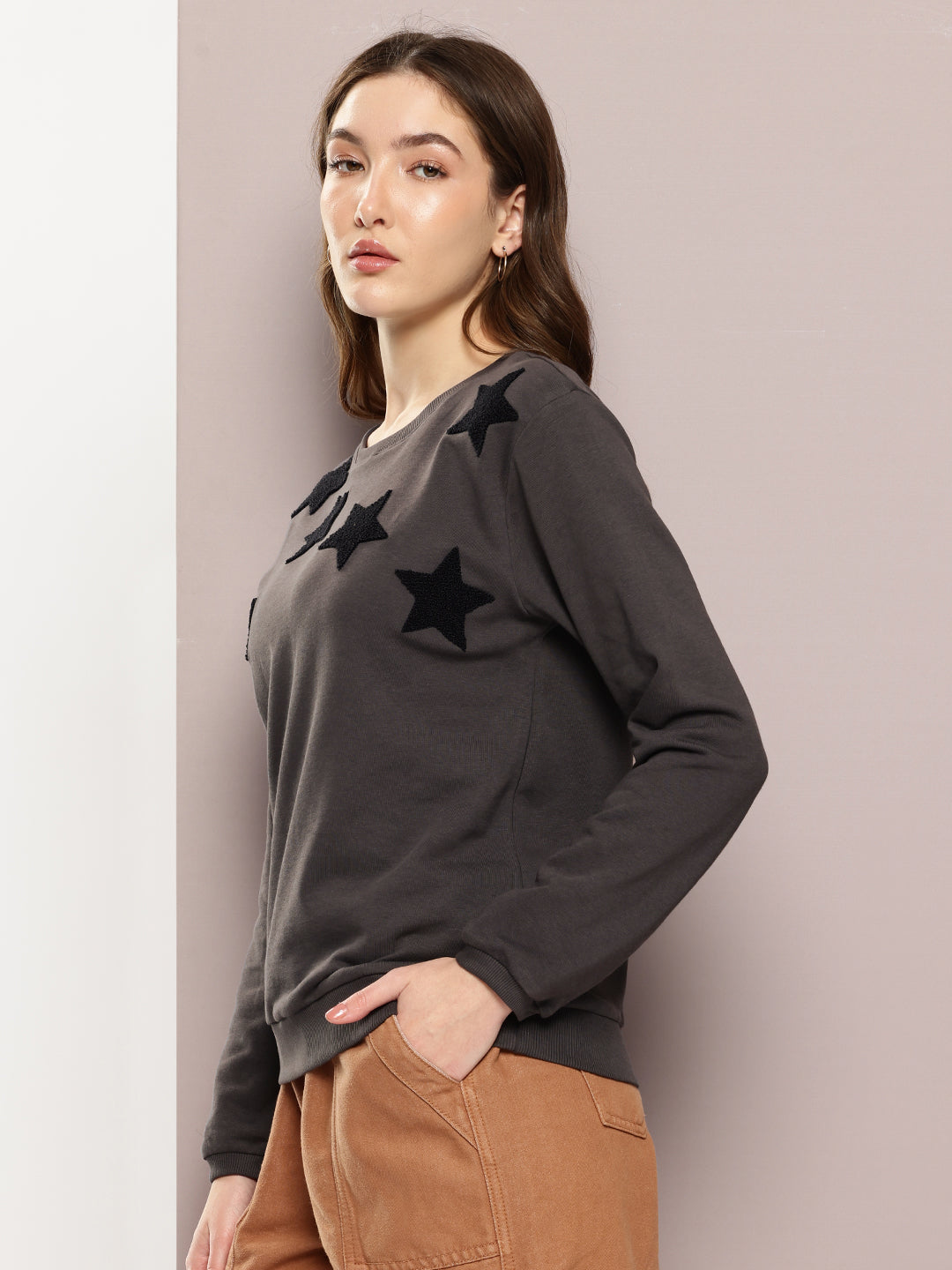 Womens Full Sleeve Round Neck Embroidered Relaxed Fit Tshirts