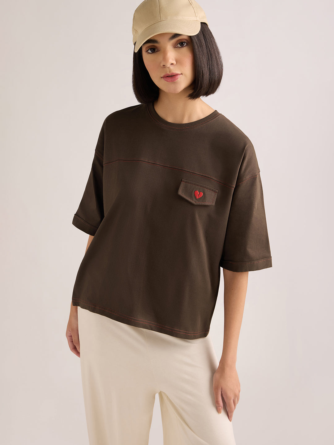 Womens Embroidery Boxy Regular Fit Cut & Sew Cotton Tshirt