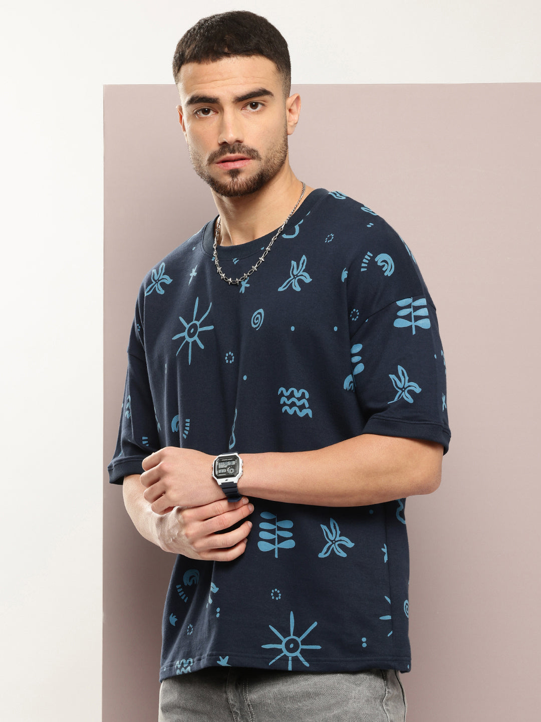 Mens Half Sleeve Round Neck All-Over Printed Oversized Fit Tshirts
