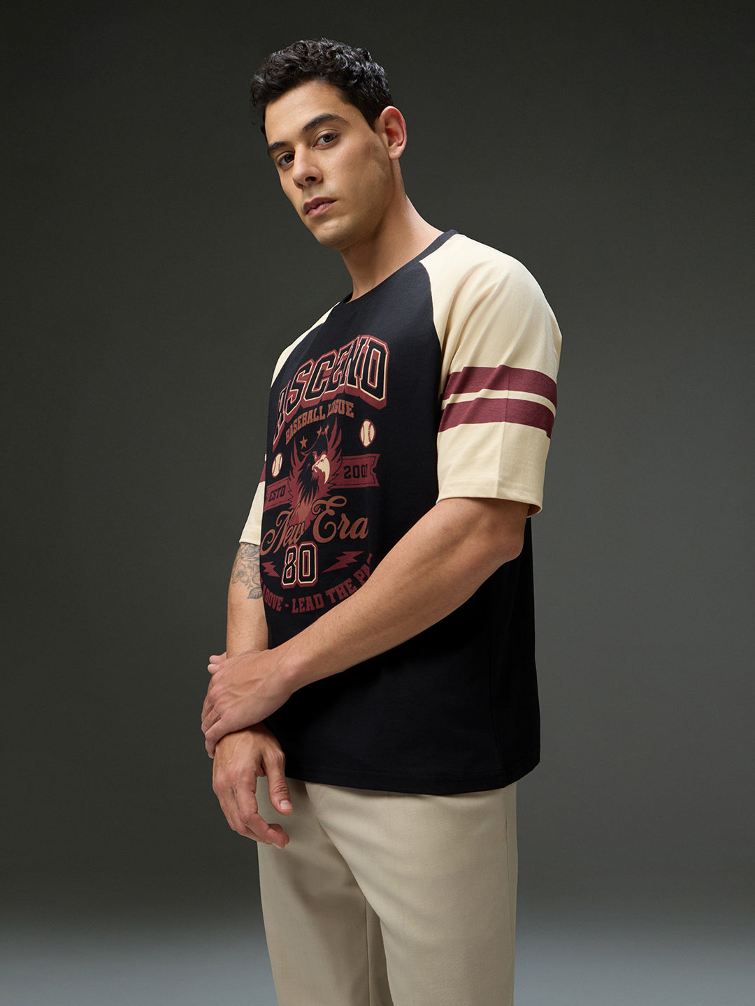 Mens Round Neck Raglan Sleeve Printed Oversized Fit Tshirt