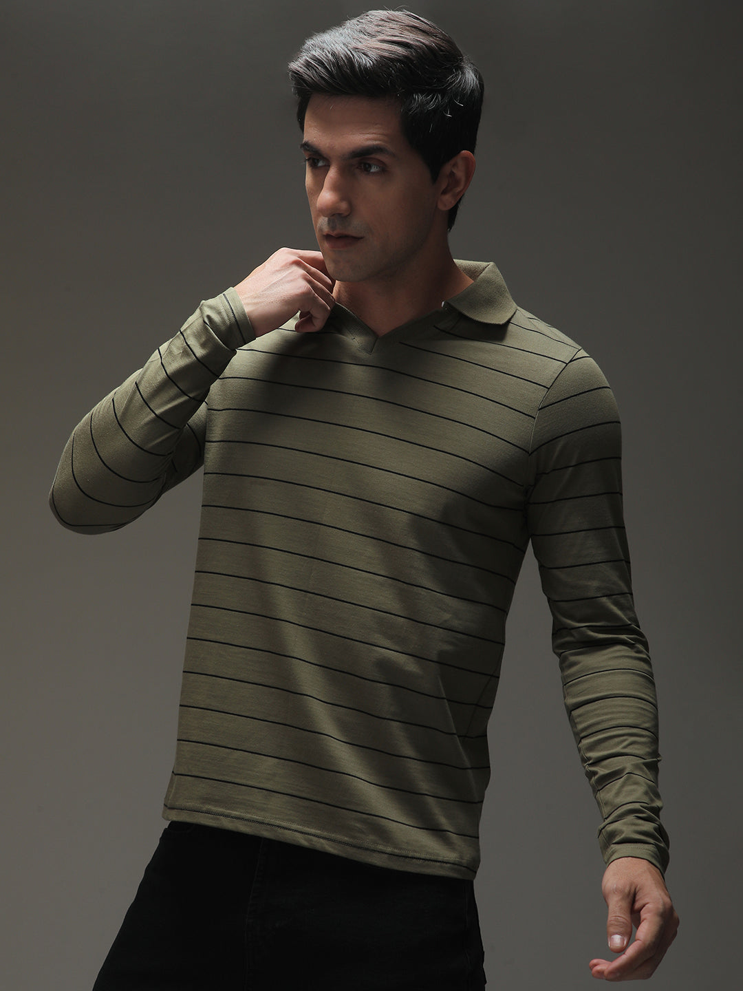 Mens Full Sleeve Polo Neck Striped Regular Fit Tshirts