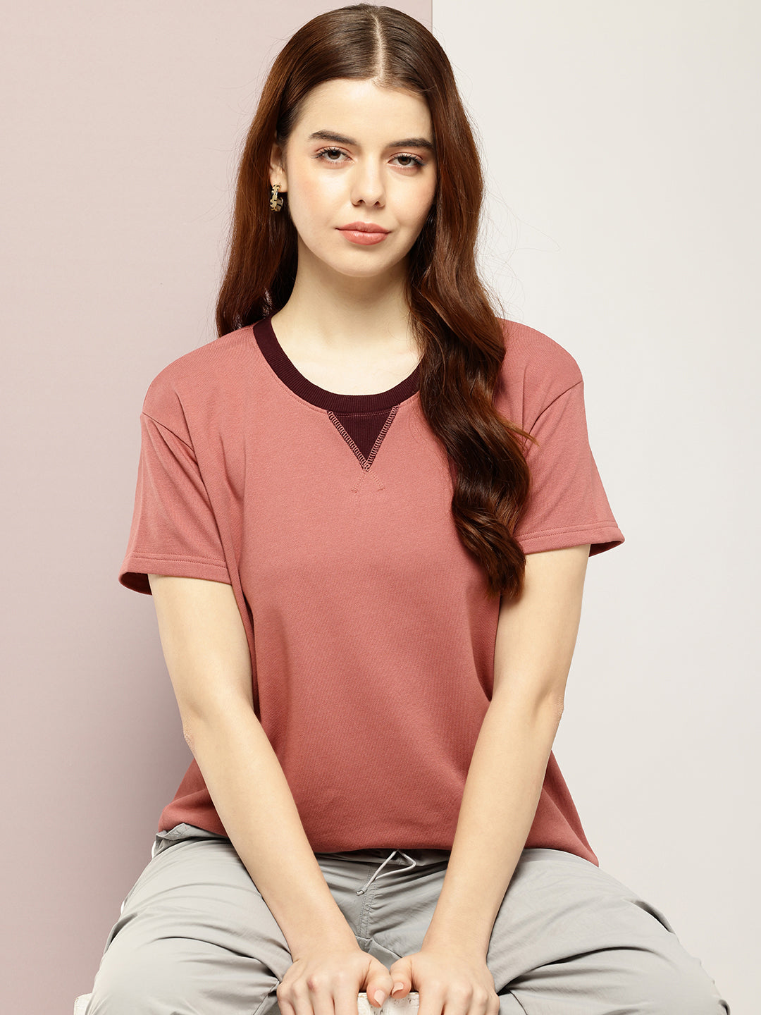 Womens Half Sleeve V-Neck Solid Boxy Fit Tshirts