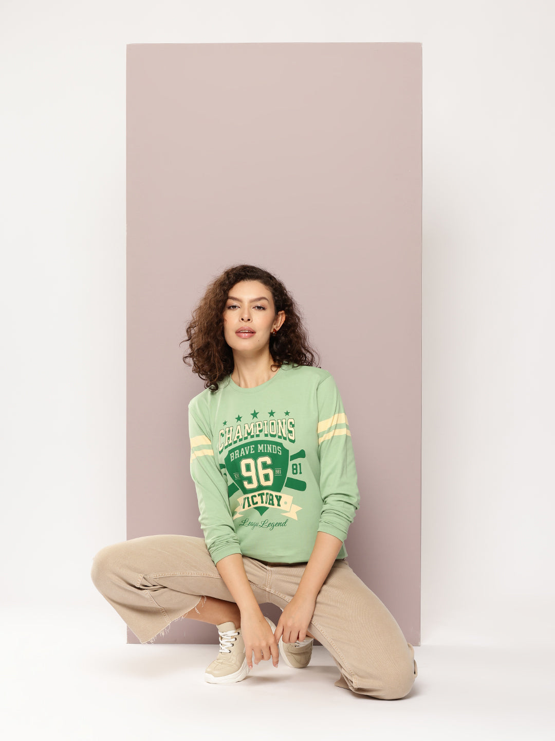 Womens Full Sleeve Round Neck Printed Oversized Fit Tshirts