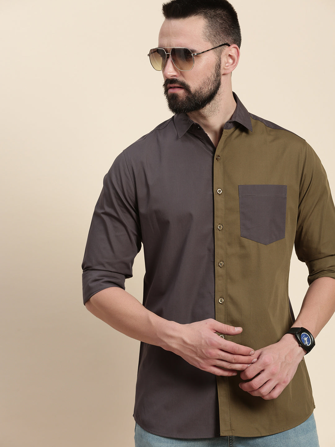 Mens Colourblocked Full Sleeve Shirt With Pocket