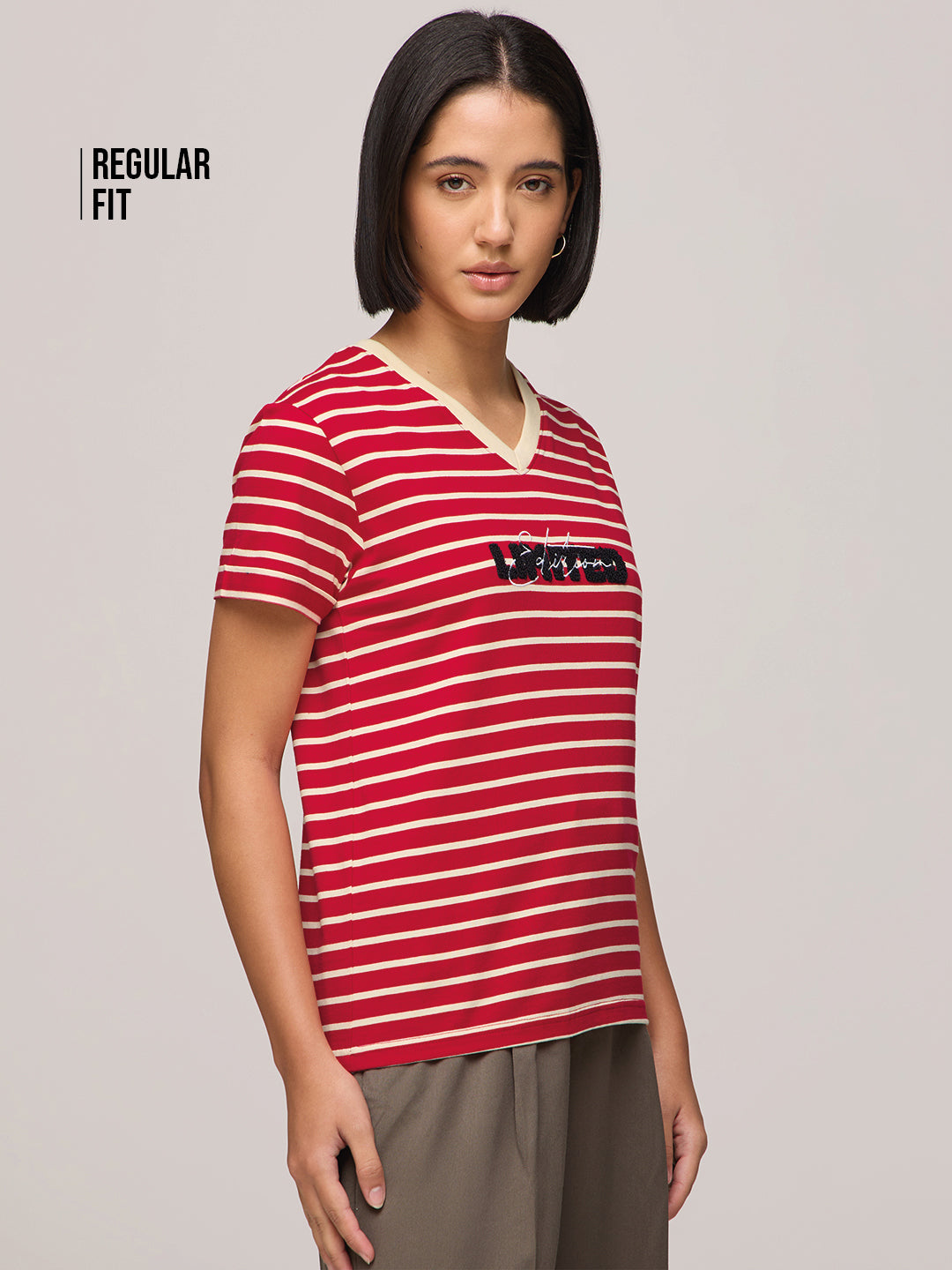 Womens Striped Regular Fit Cotton V-Neck T-Shirt