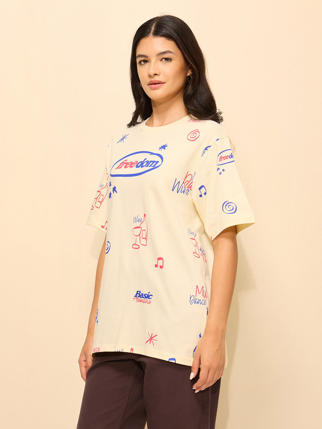 Womens All Over Printed Oversized Fit Cotton T-Shirt