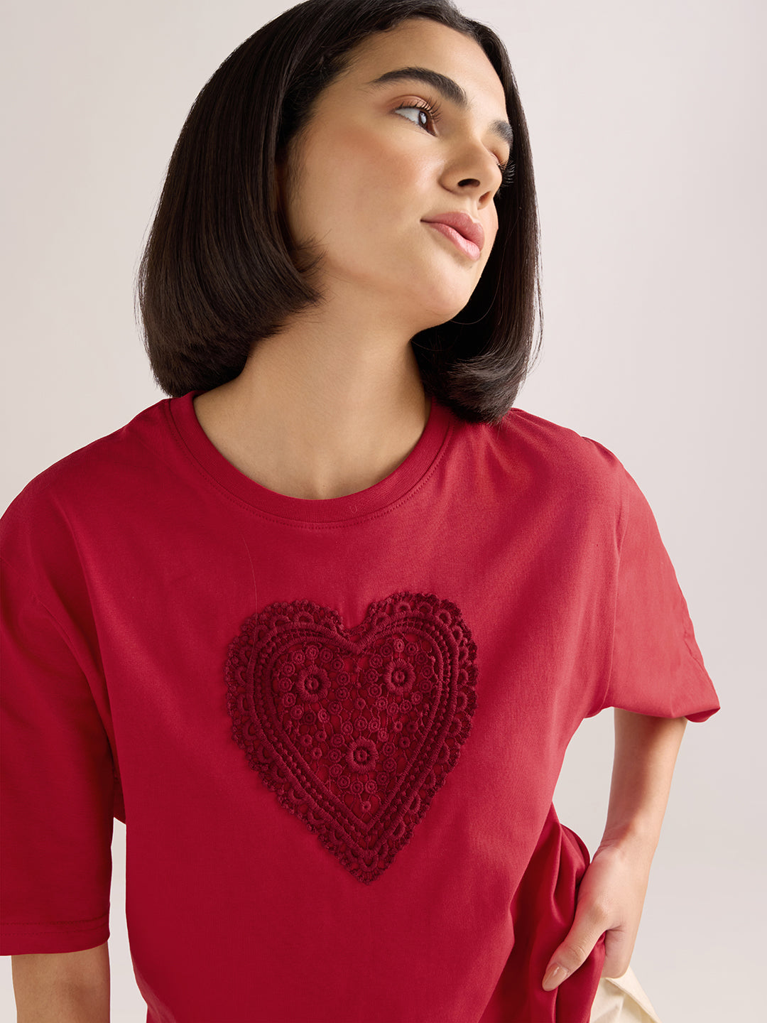 Womens Laces Detailed Oversized Round Neck Cotton Tshirt