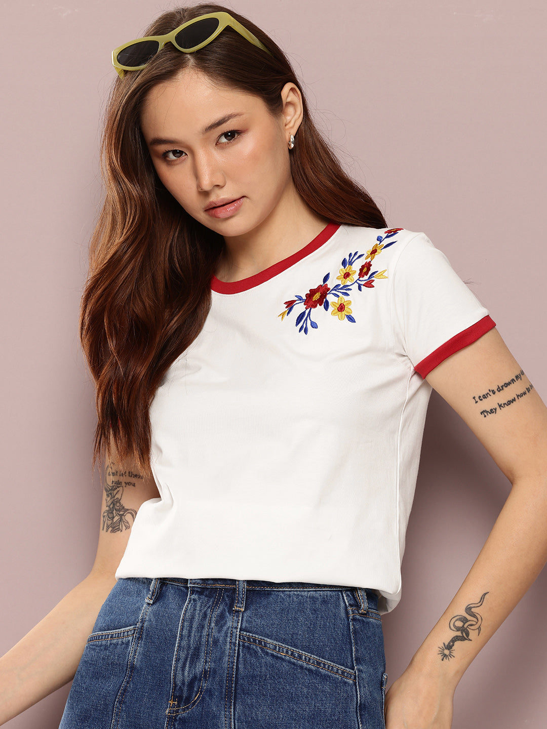 Womens Half Sleeve Round Neck Embroidered Regular Fit Tshirts