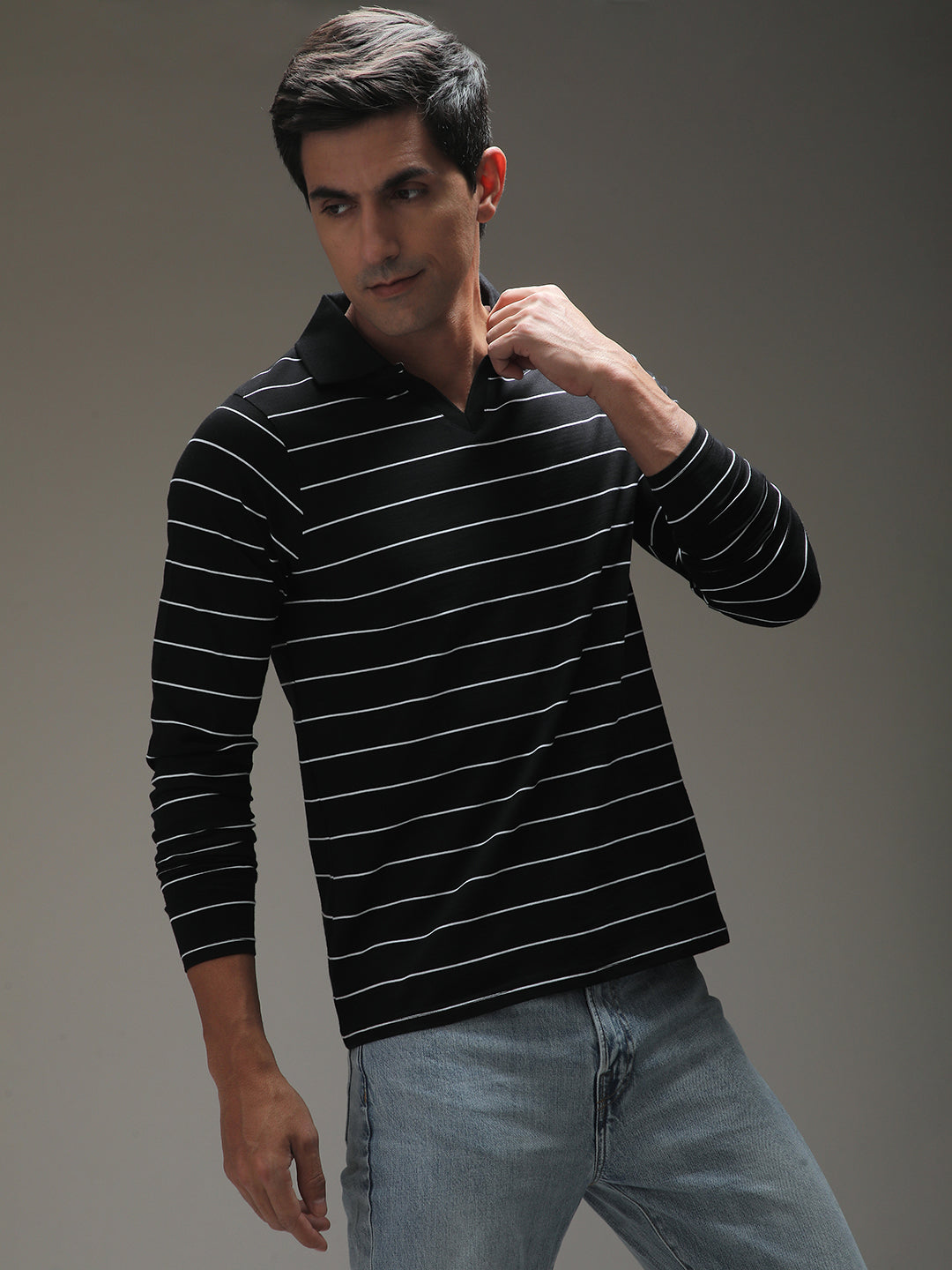 Mens Full Sleeve Polo Neck Striped Regular Fit Tshirts