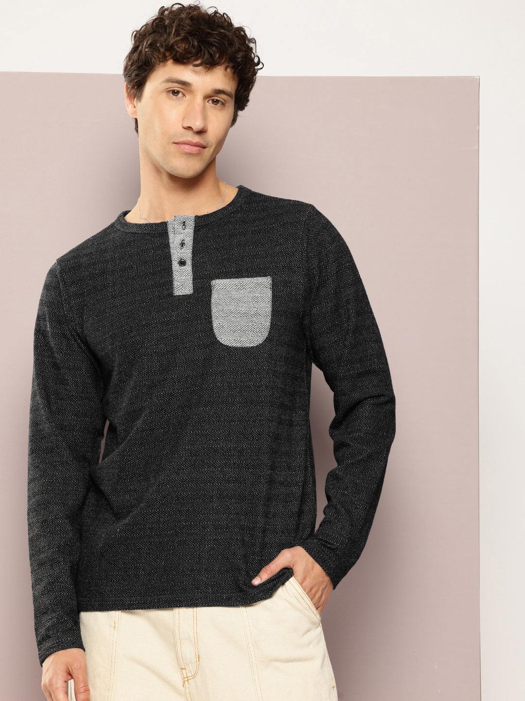 Mens Full Sleeve Henley Neck All-Over Striped Regular Fit Tshirts