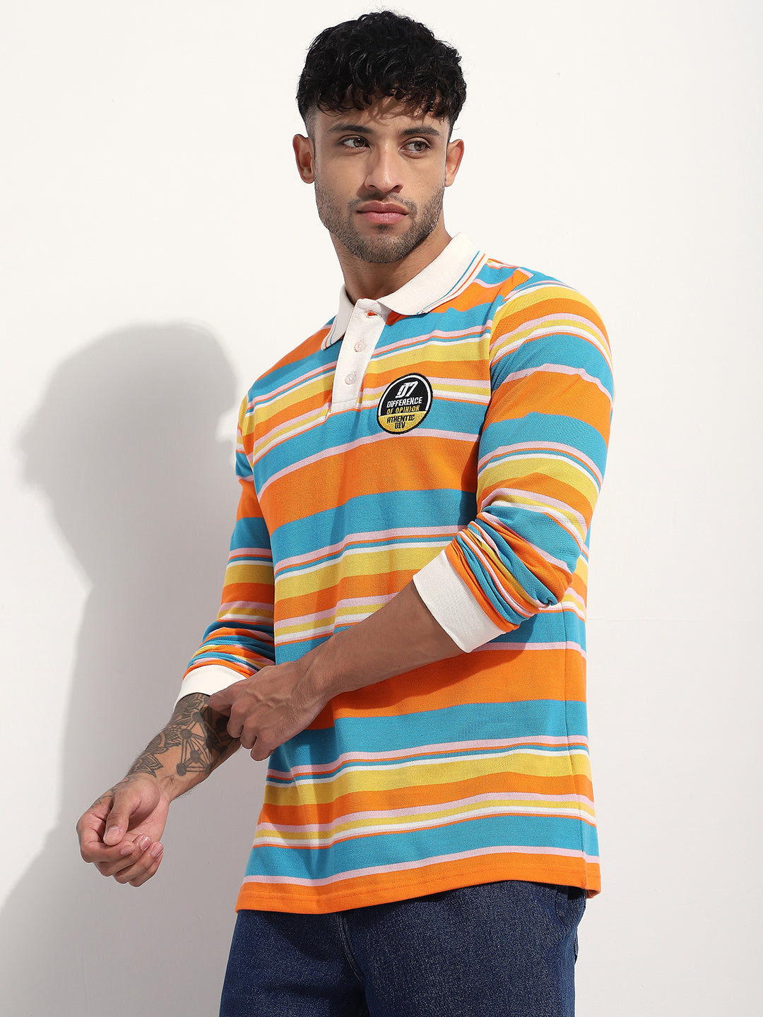 Mens Full Sleeve Polo Neck Striped Regular Fit Tshirts