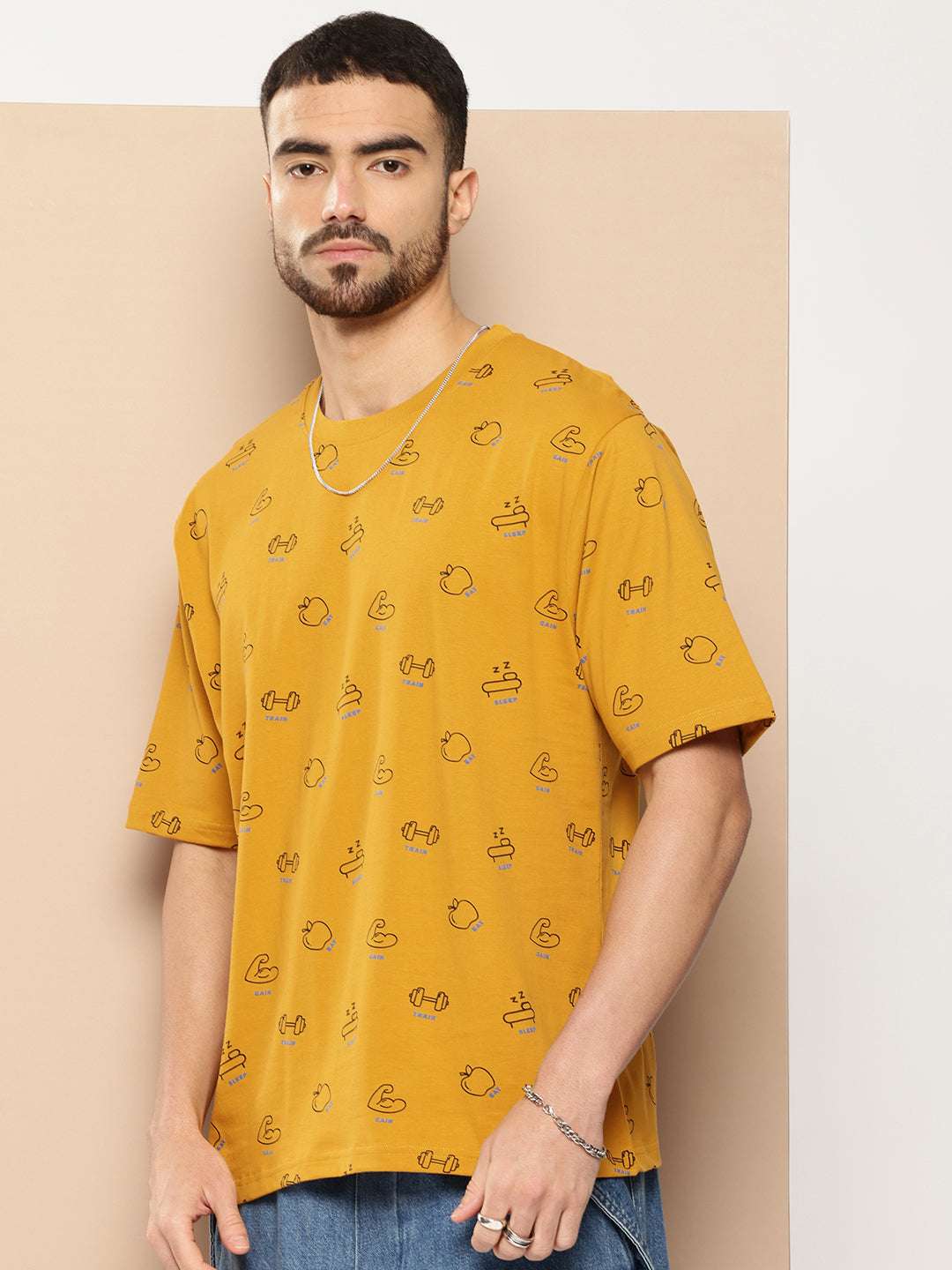 Mens Half Sleeve Round Neck All-Over Printed Oversized Fit Tshirts