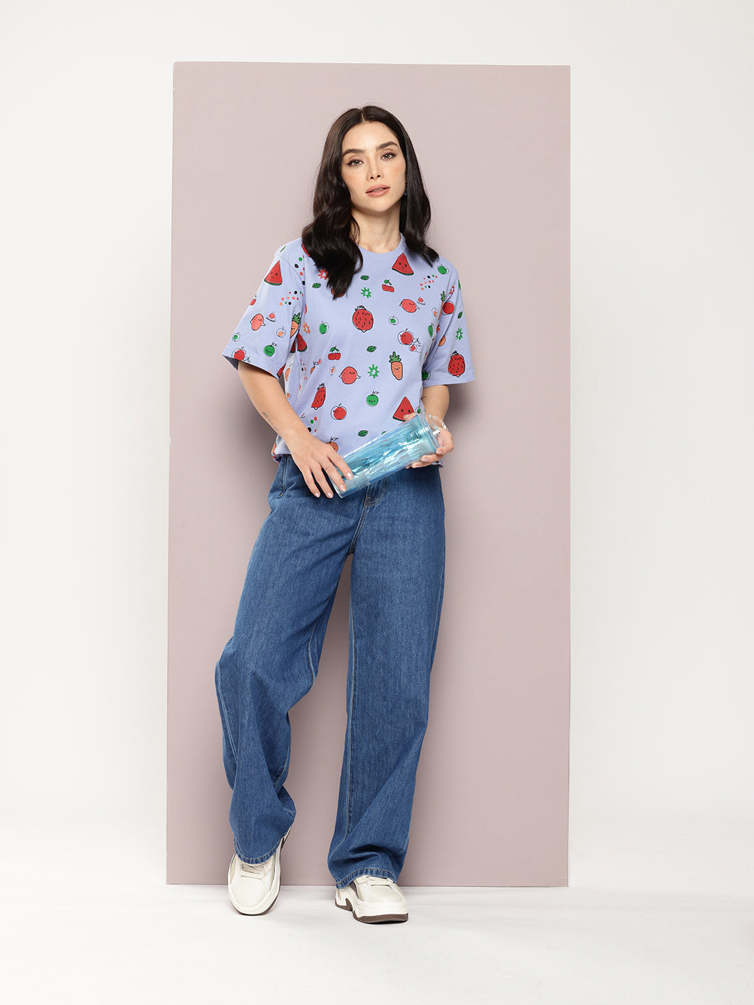 Womens Half Sleeve Round Neck All-Over Printed Oversized Fit Tshirts