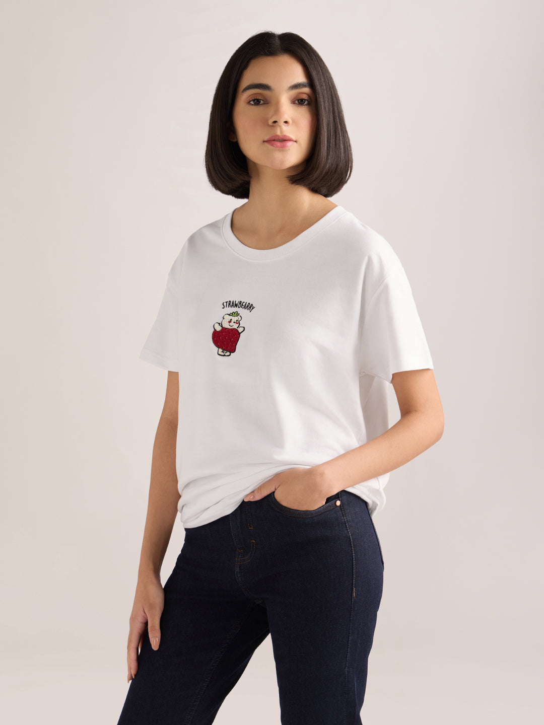 Womens Embroidery Boxy Regular Fit French Terry Cotton Tshirt
