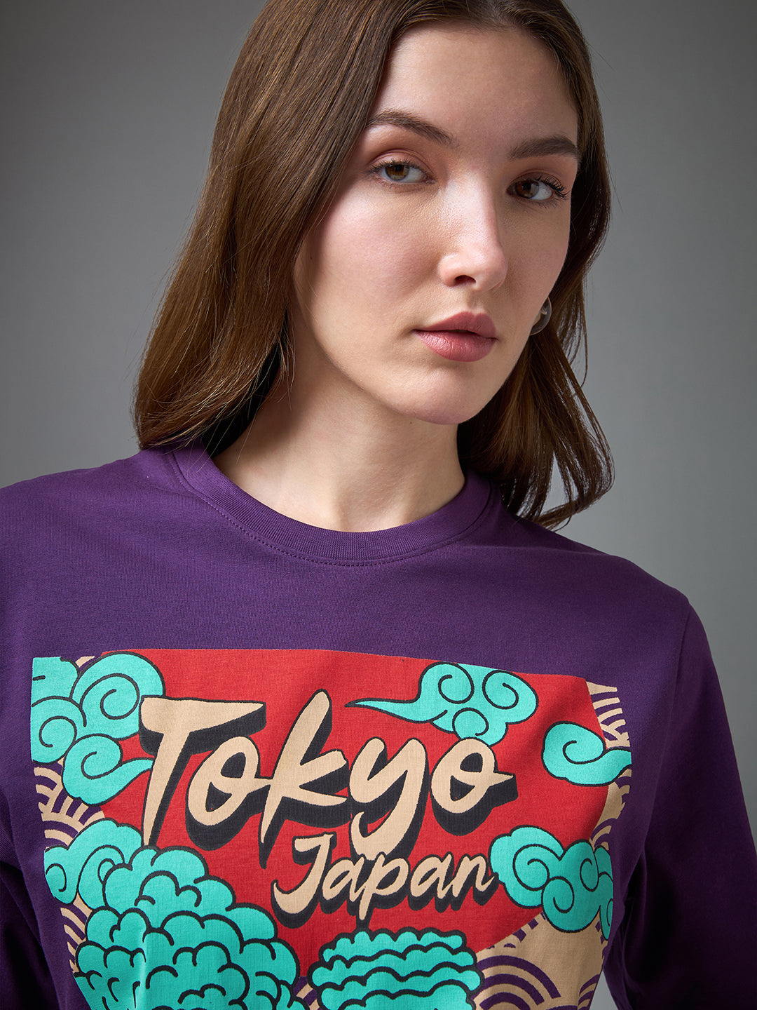 Womens Printed Round Neck Oversized Fit Tshirt