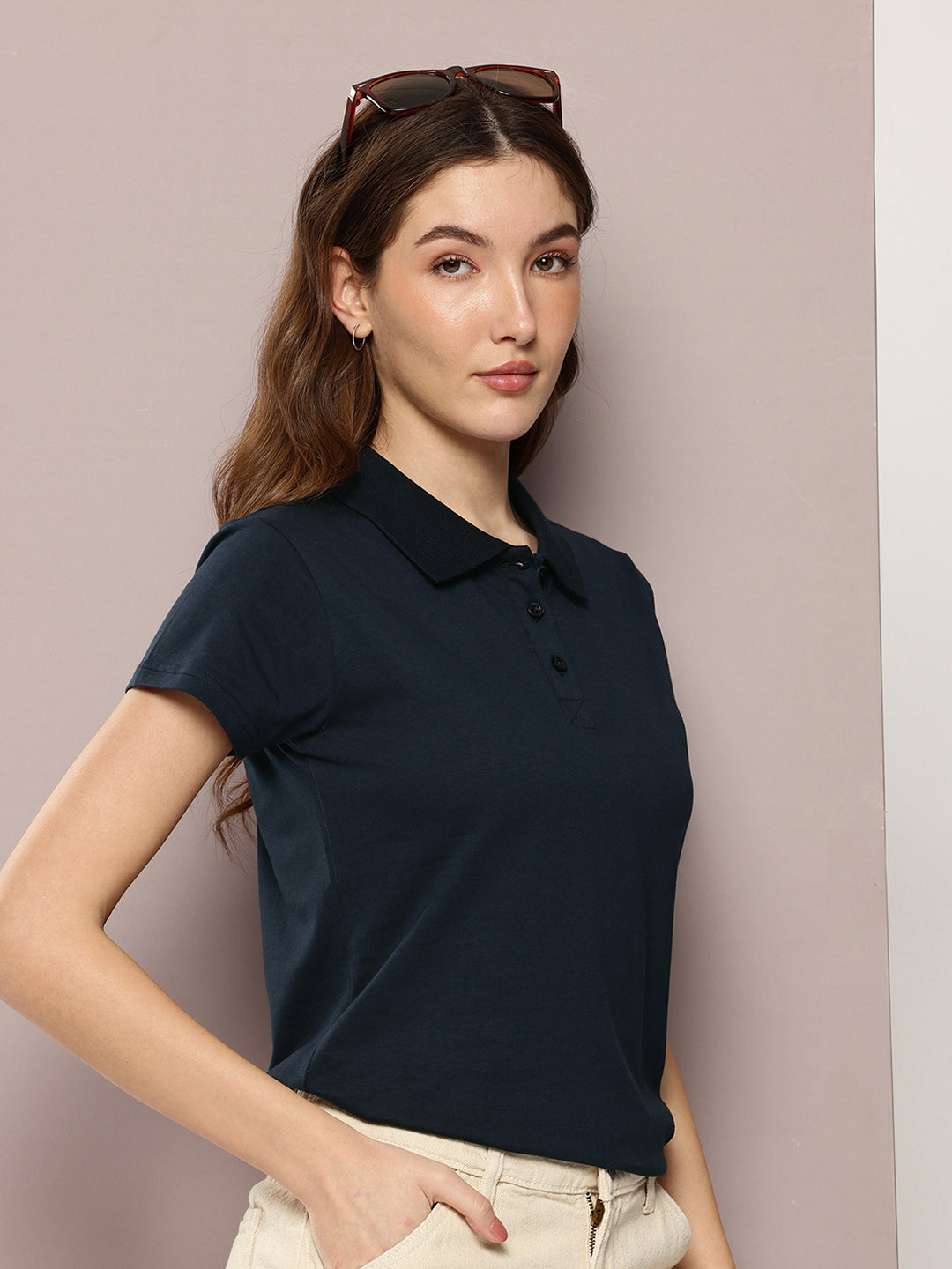 Womens Half Sleeve Polo Neck Solid Regular Fit Tshirts