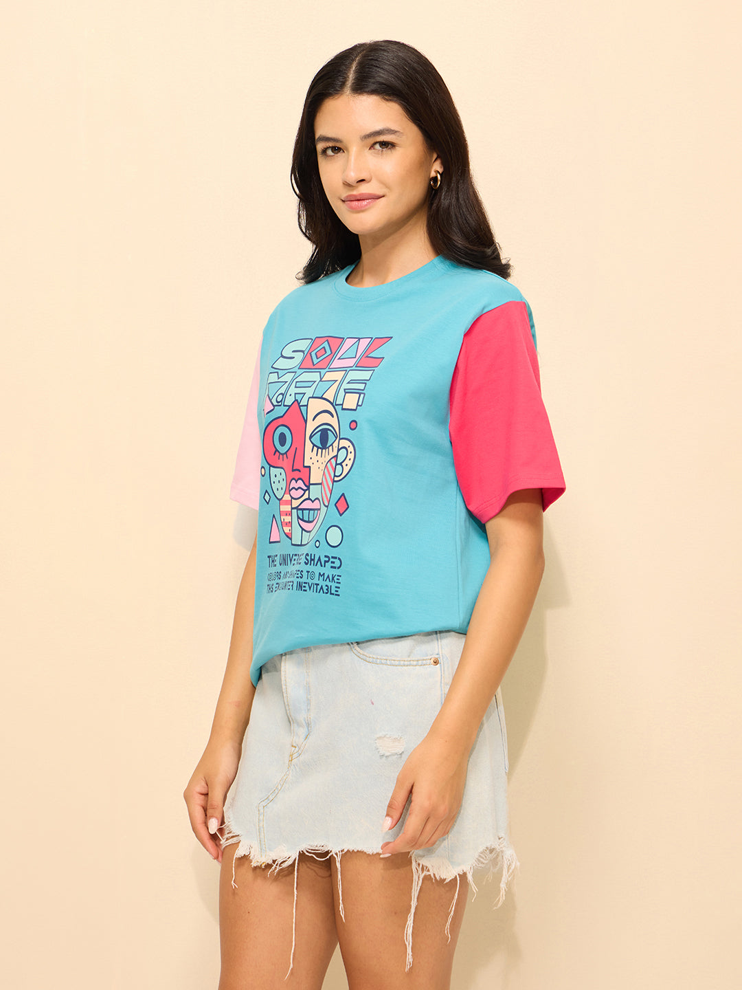 Womens Printed Oversized Fit Cotton T-Shirt
