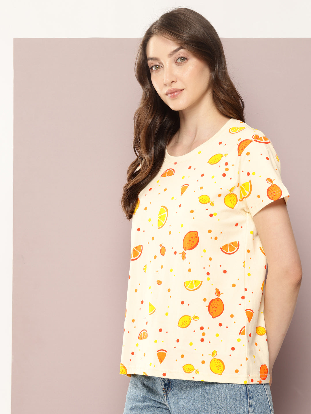 Womens Half Sleeve Round Neck All-Over Printed Boxy Fit Tshirts
