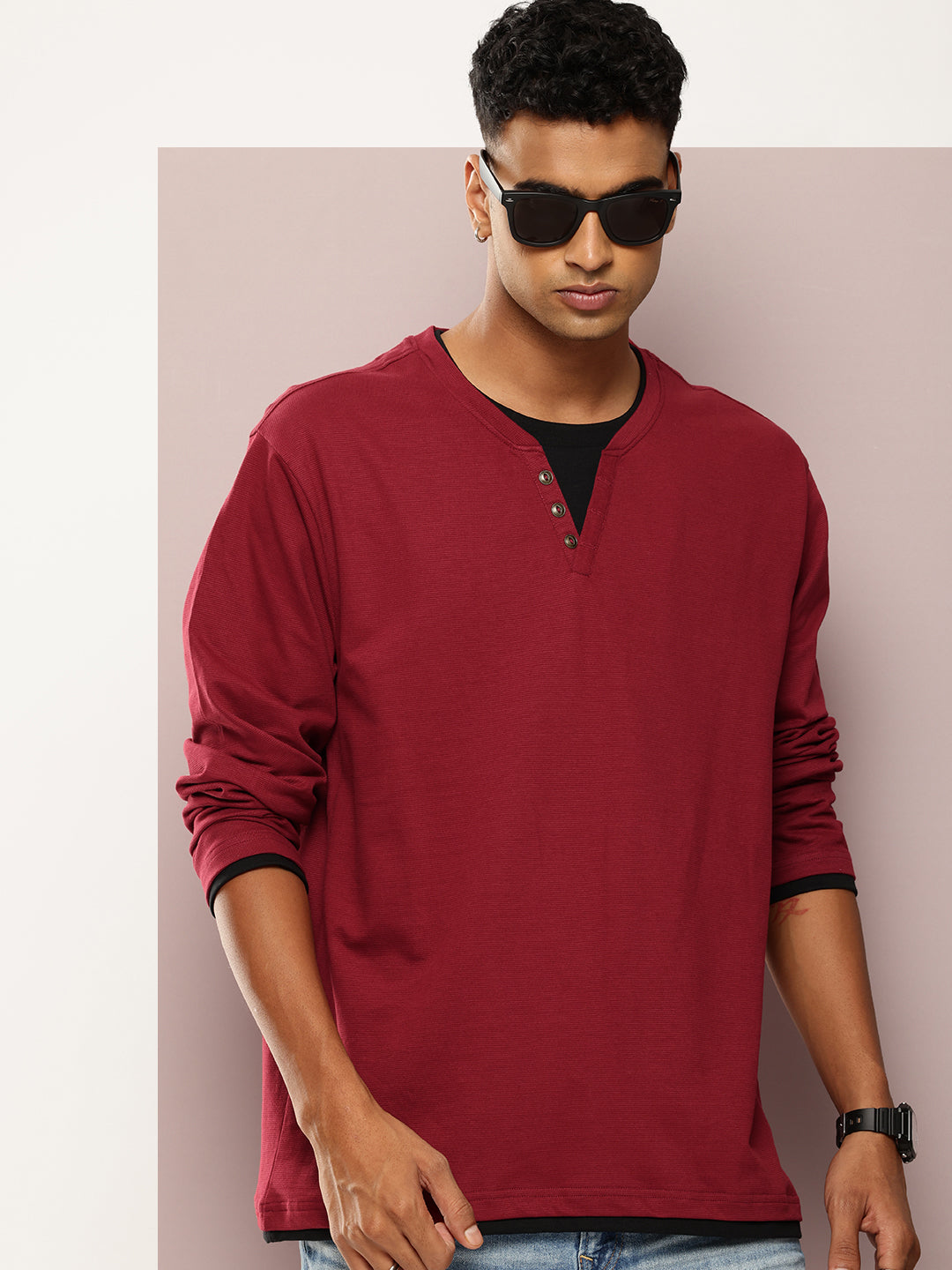 Mens Full Sleeve V-Neck Solid Oversized Fit Tshirts