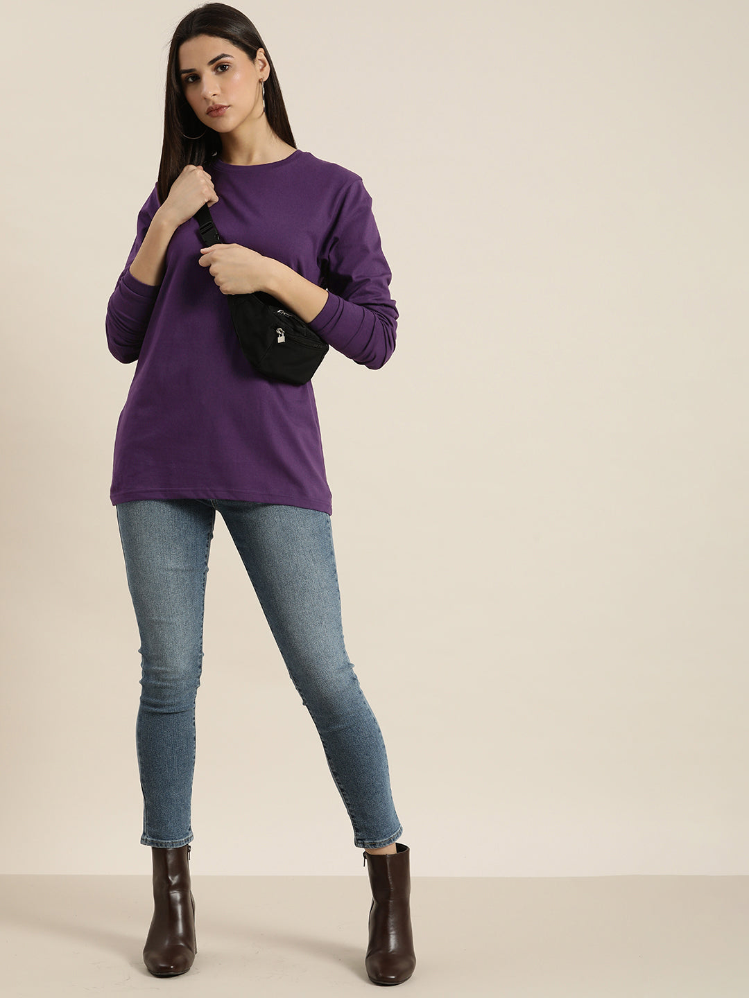 Womens Full Sleeve Round Neck Oversized Fit T-Shirts