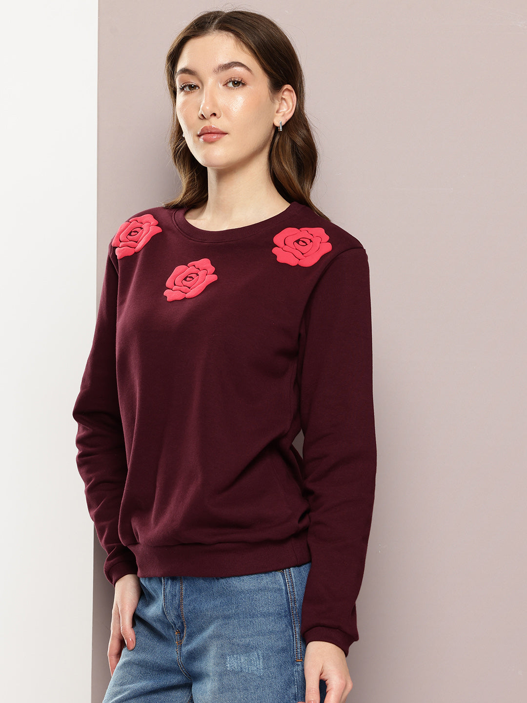 Womens Full Sleeve Round Neck Embellished Relaxed Fit Tshirts