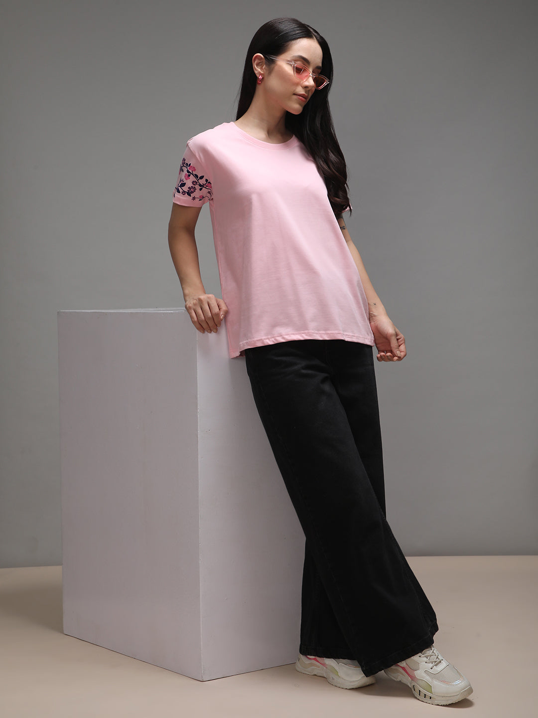 Womens Half Sleeve Round Neck Embroidery Boxy Fit Tshirts