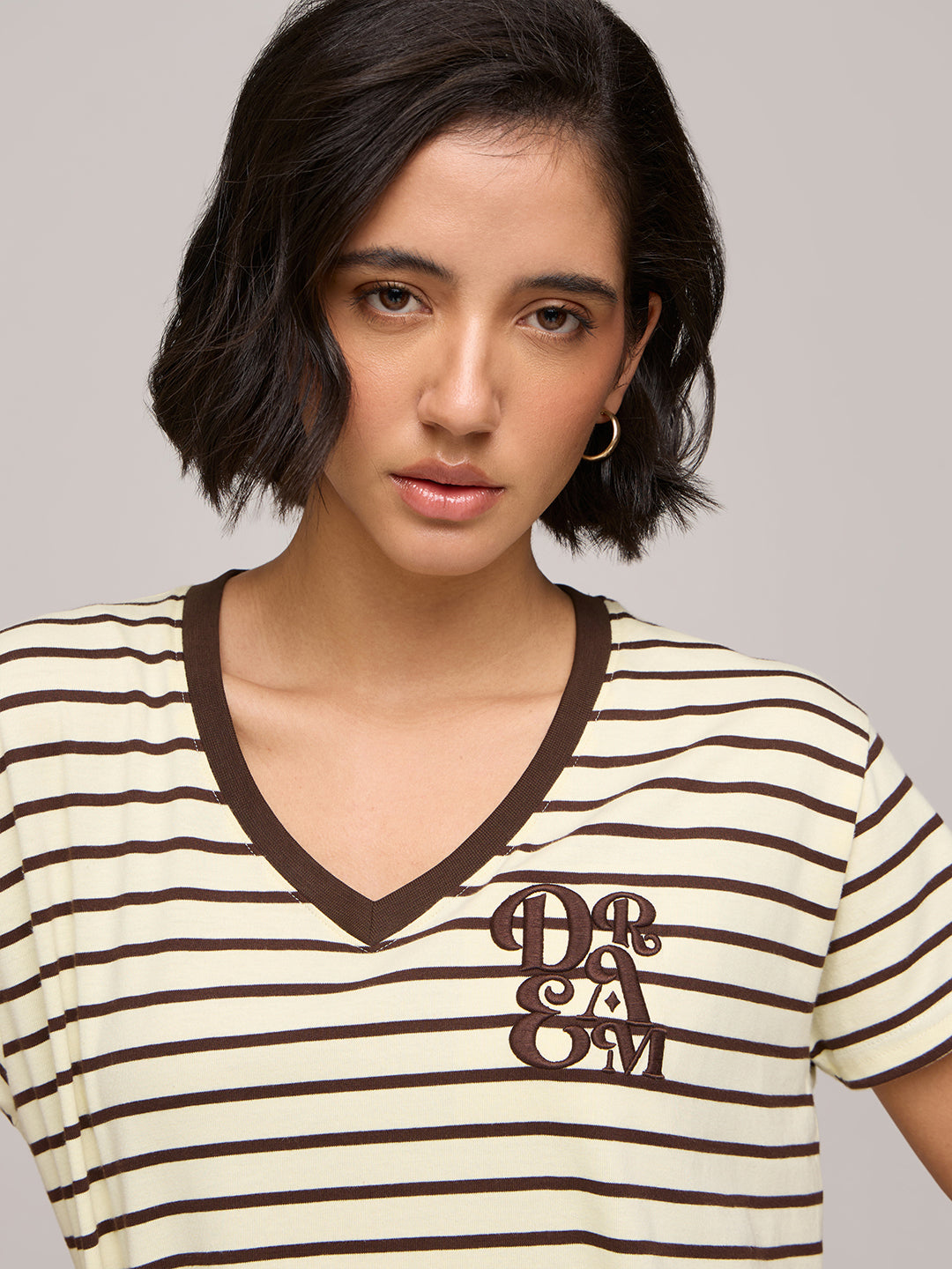 Womens Striped Boxy Regular Fit Cotton V-Neck T-Shirt