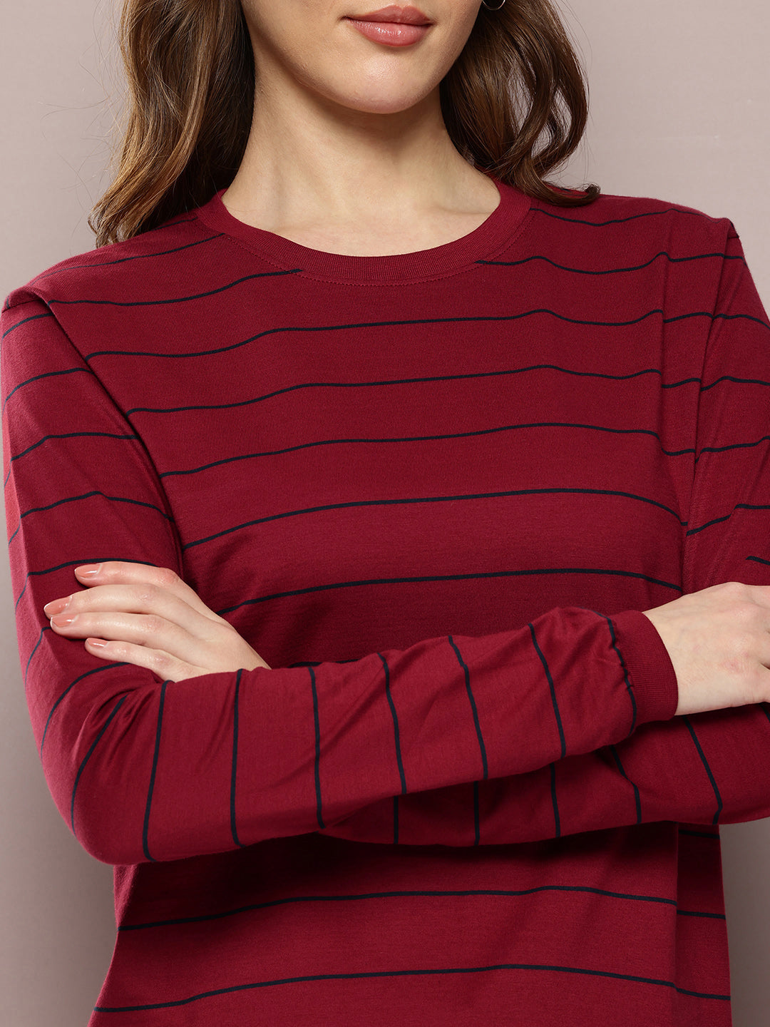 Womens Full Sleeve Round Neck Striped Regular Fit Tshirts