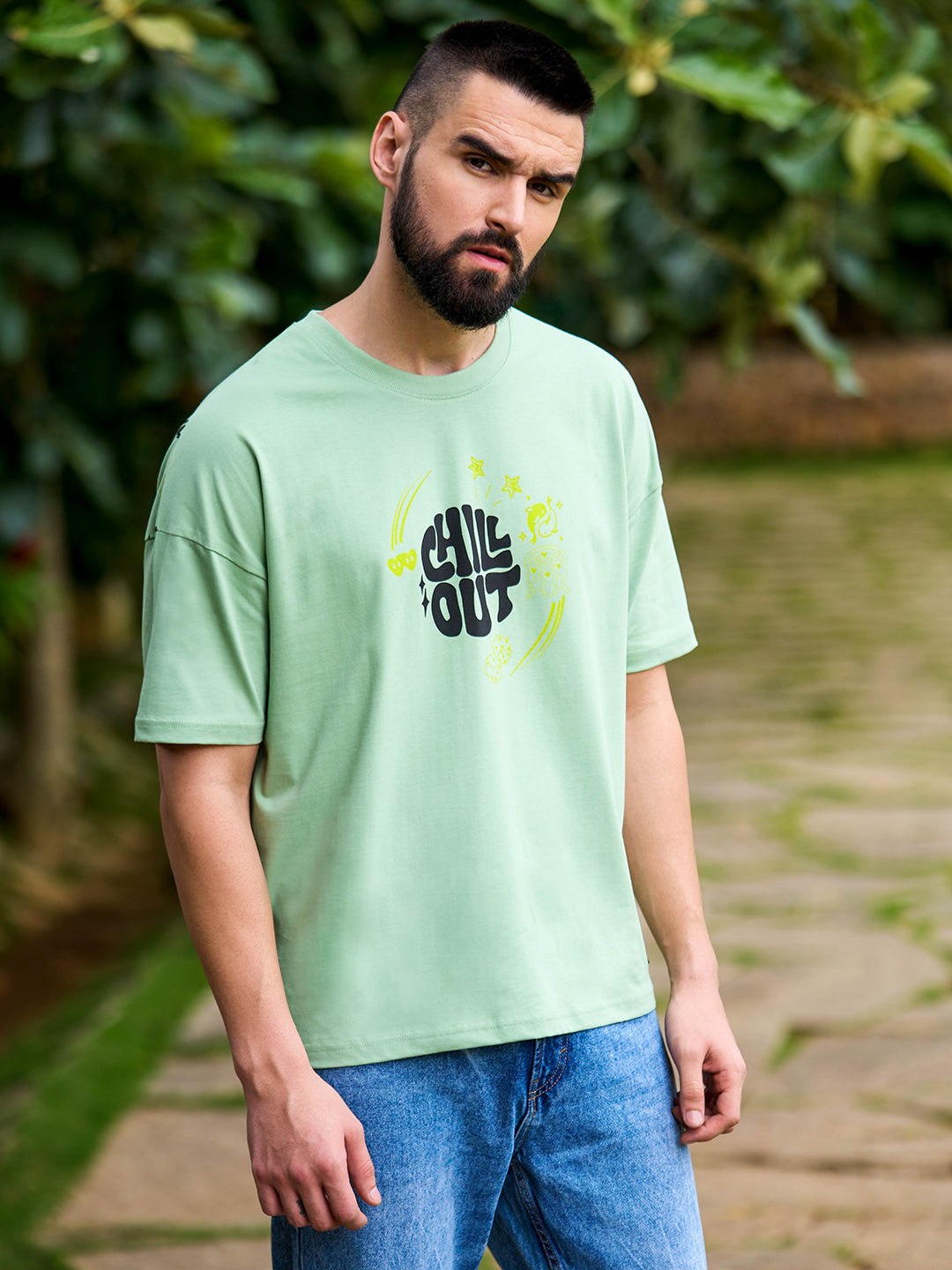 Mens Half Sleeve Drop Shoulder Printed Oversized Fit T-Shirts