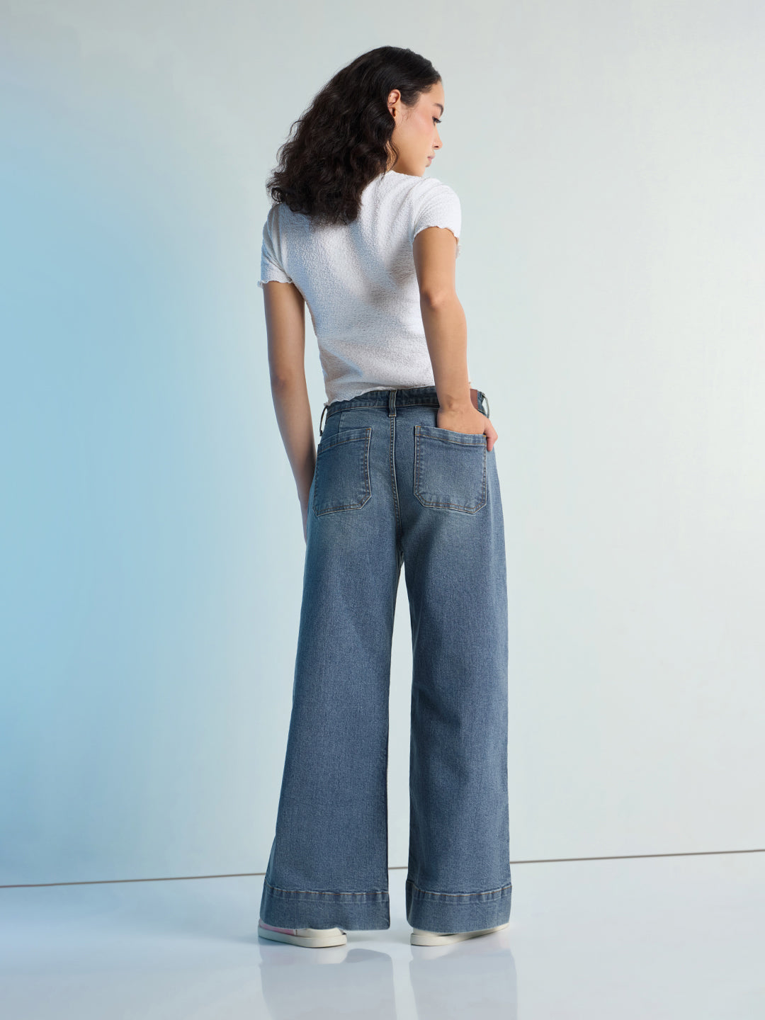 Womens Wide Leg Patch Pocket Denim Jeans Pant