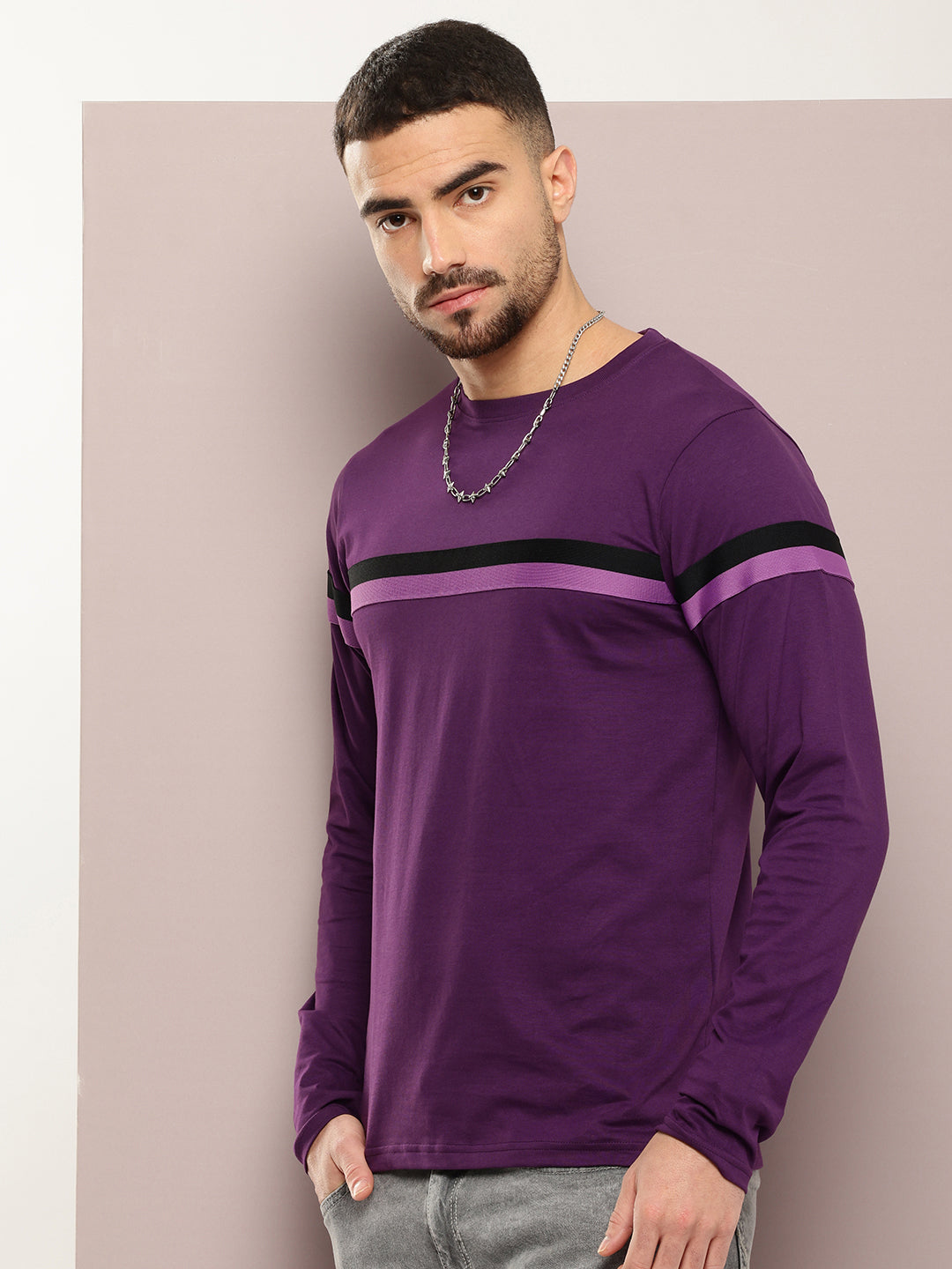 Mens Full Sleeve Round Neck Striped Regular Fit Tshirts