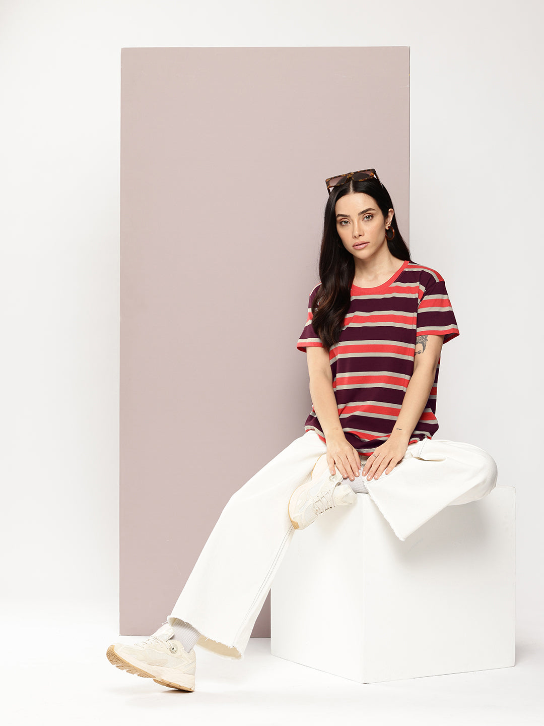 Womens Half Sleeve Round Neck All-Over Striped Boxy Fit Tshirts