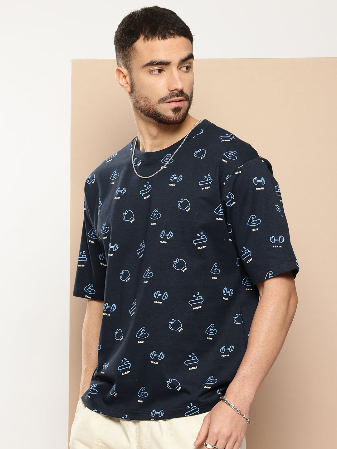 Mens Half Sleeve Round Neck All-Over Printed Oversized Fit Tshirts