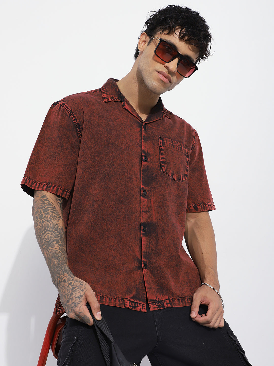 Men Boxy Regular Acid Washed Solid & Pocket Shirt