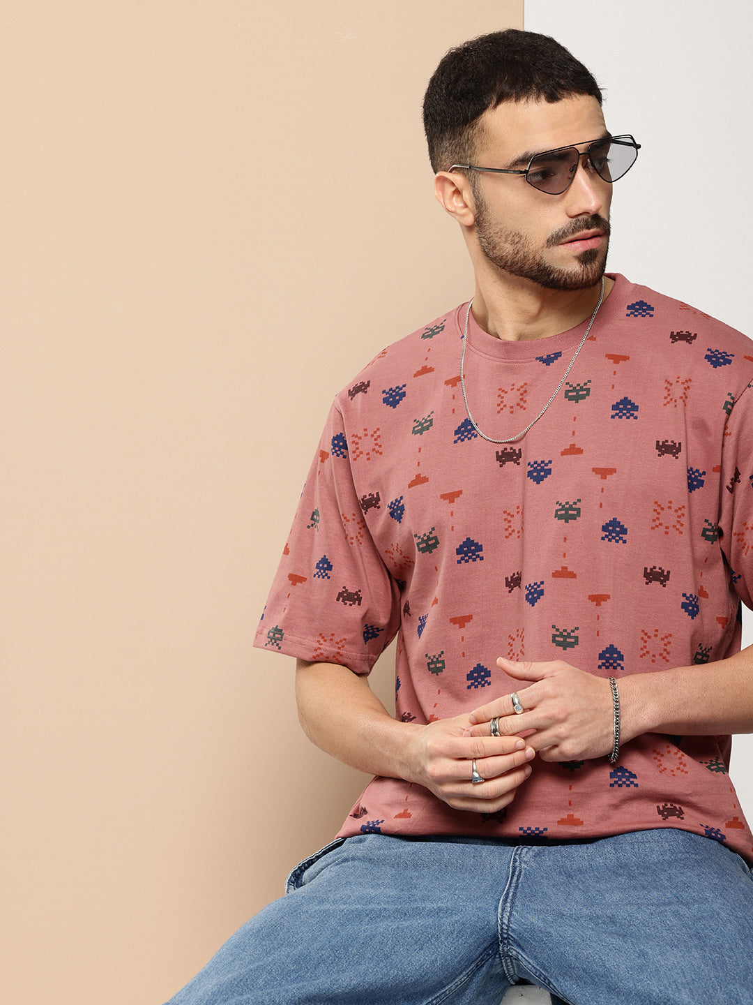 Mens Half Sleeve Round Neck All-Over Printed Oversized Fit Tshirts