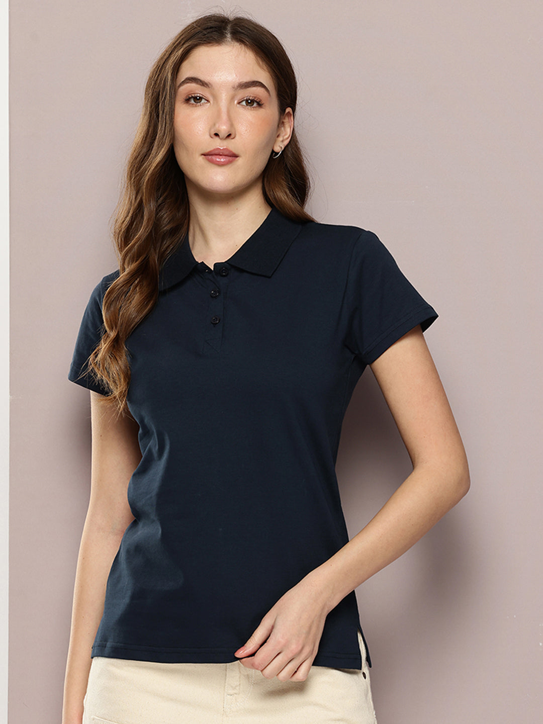 Womens Half Sleeve Polo Neck Solid Regular Fit Tshirts