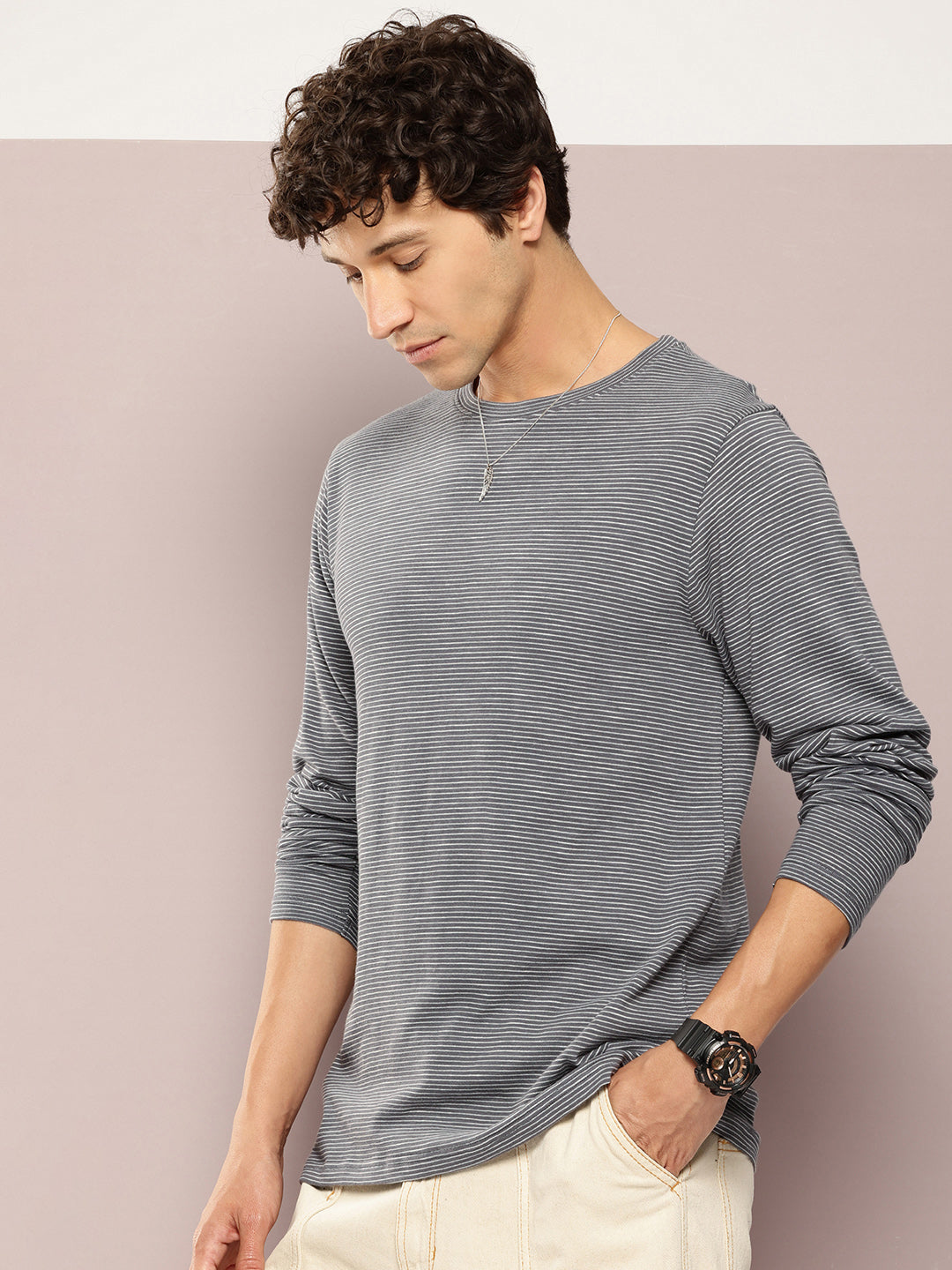 Mens Full Sleeve Round Neck All-Over Striped Regular Fit Tshirts