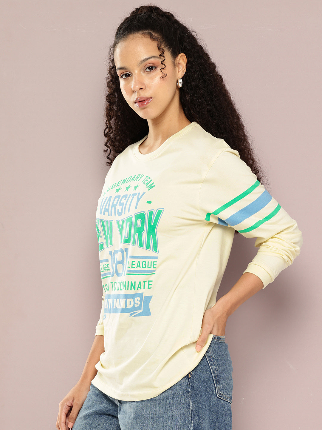Womens Full Sleeve Round Neck Printed Oversized Fit Tshirts