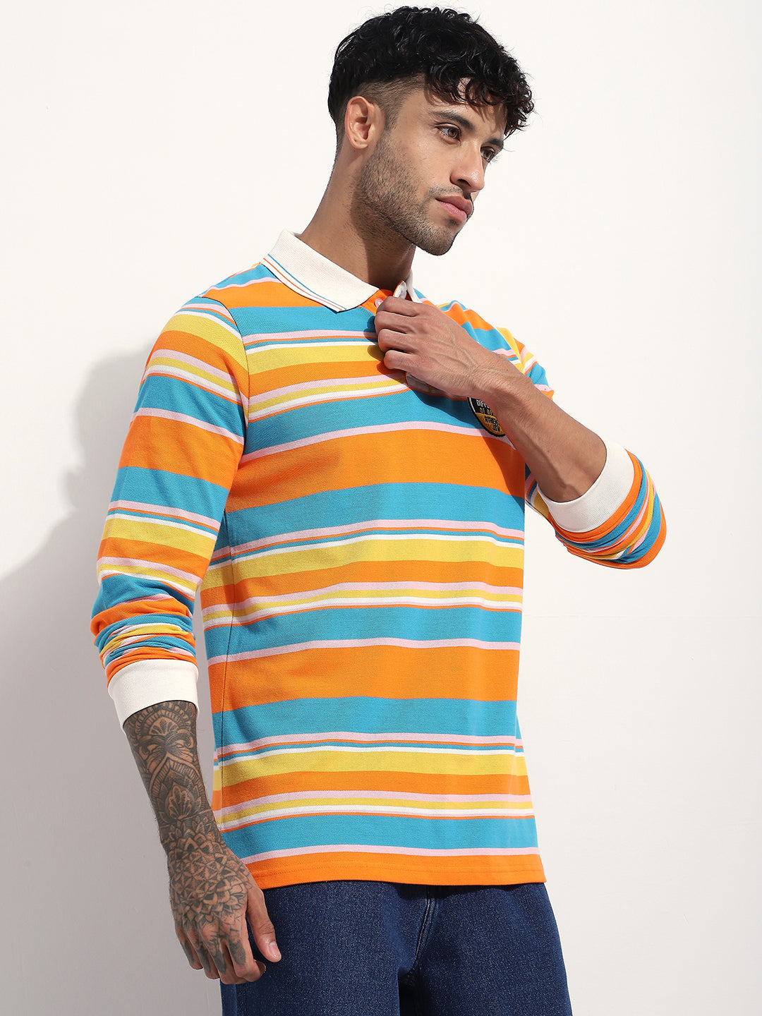 Mens Full Sleeve Polo Neck Striped Regular Fit Tshirts