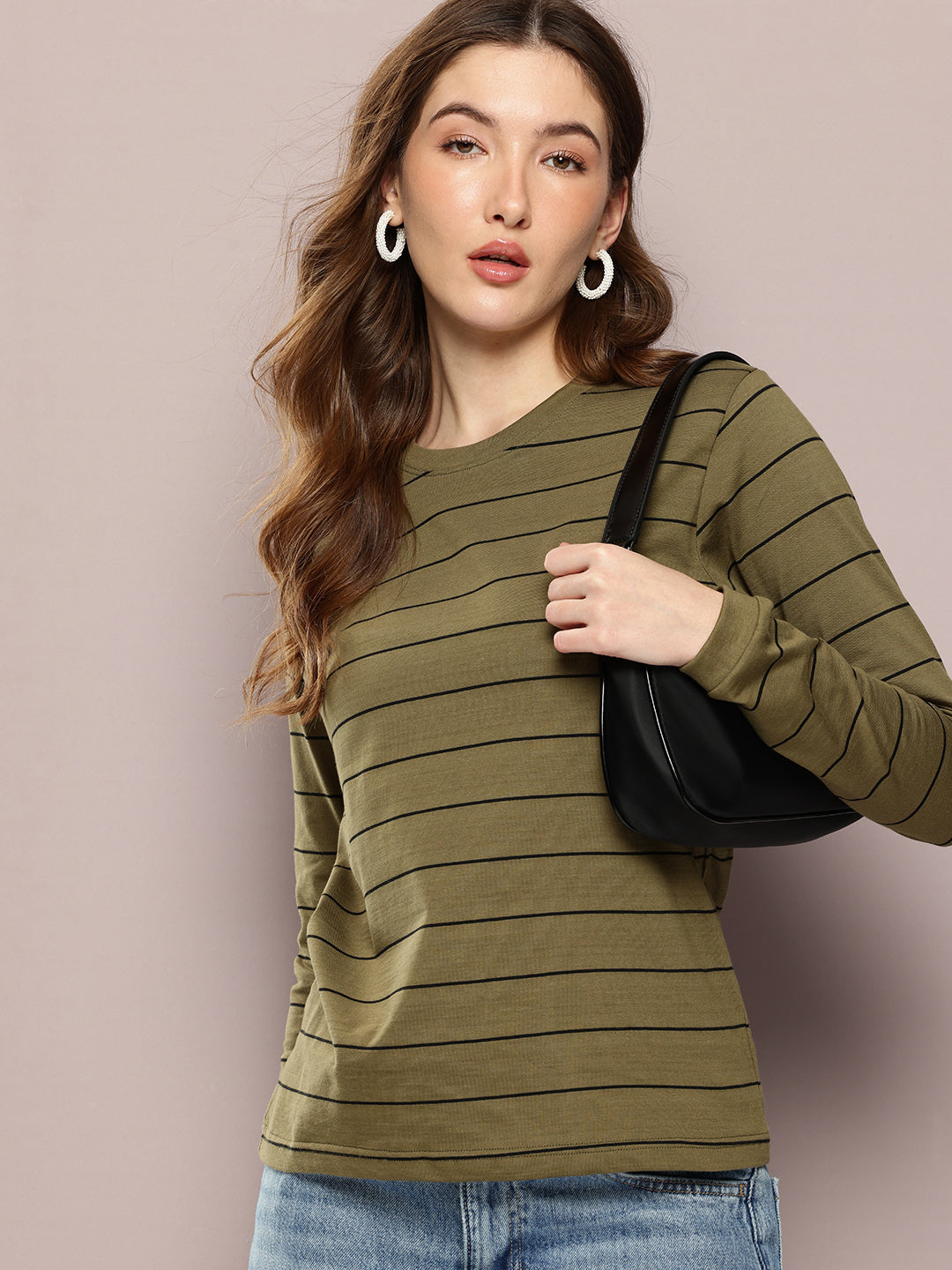 Womens Full Sleeve Round Neck Striped Regular Fit Tshirts