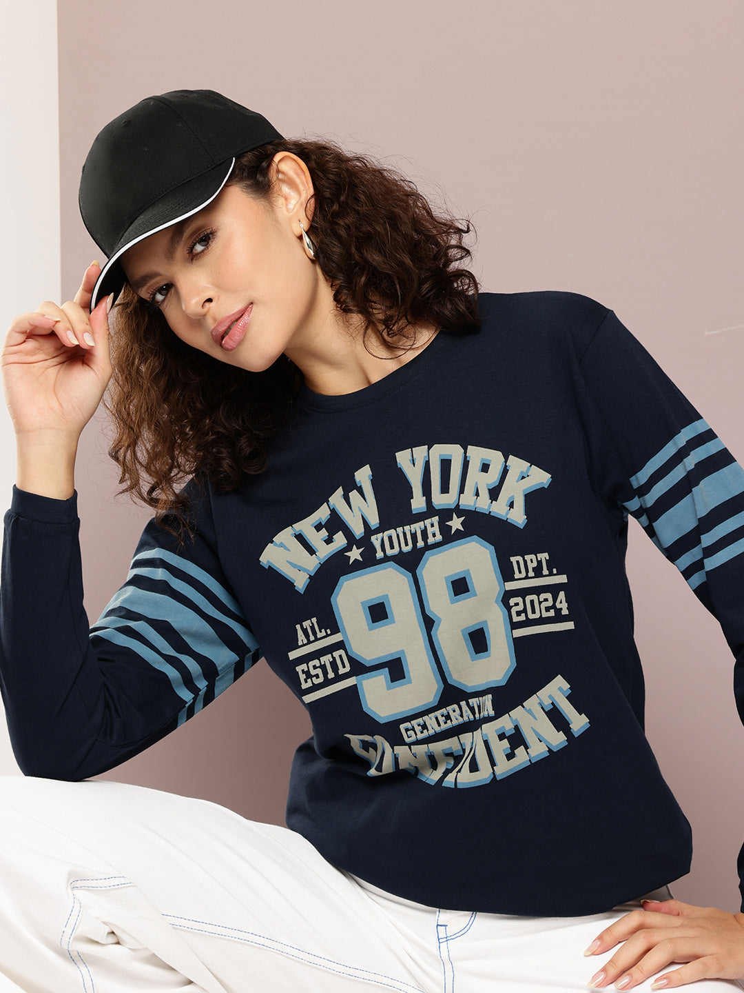 Womens Full Sleeve Round Neck Printed Oversized Fit Tshirts