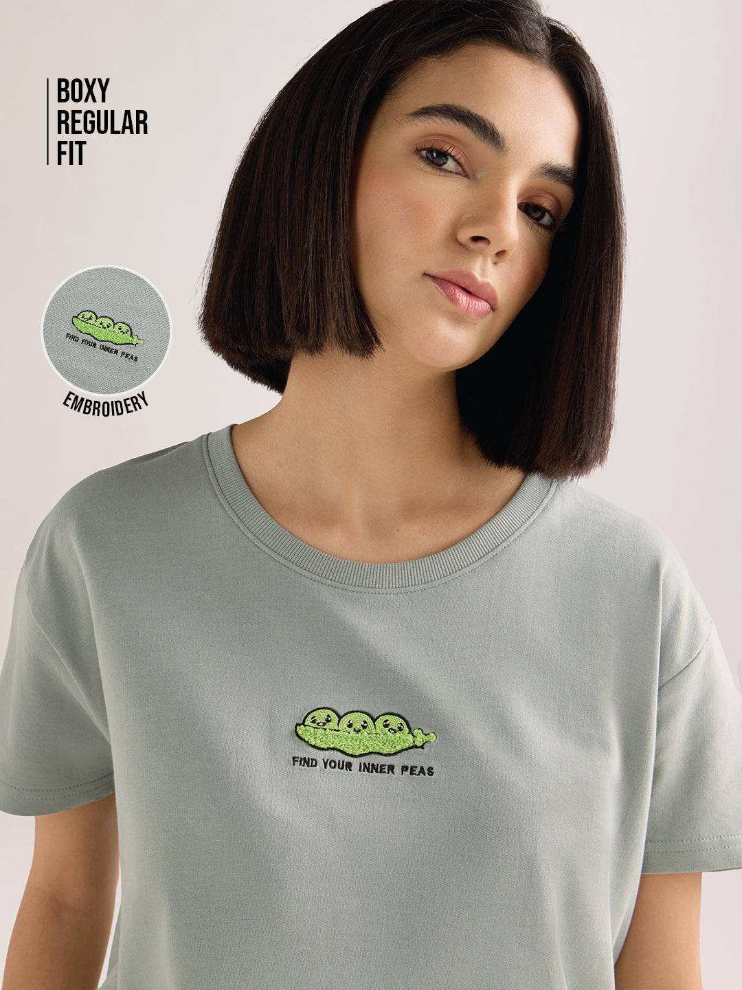 Womens Embroidery Boxy Regular Fit French Terry Cotton Tshirt