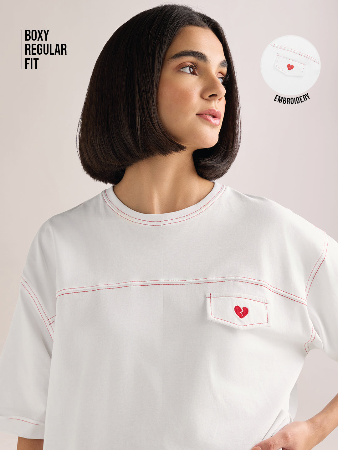 Womens Embroidery Boxy Regular Fit Cut & Sew Cotton Tshirt